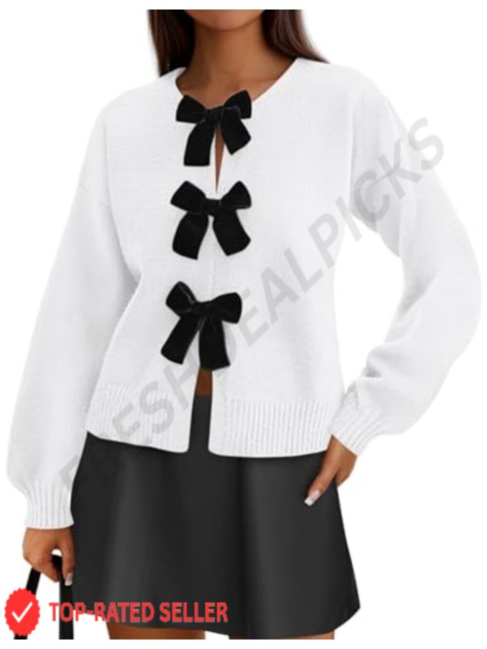 Women's Bow Tie Front Cardigan Sweater Long Sleeve Crew Neck Loose Fit Knit